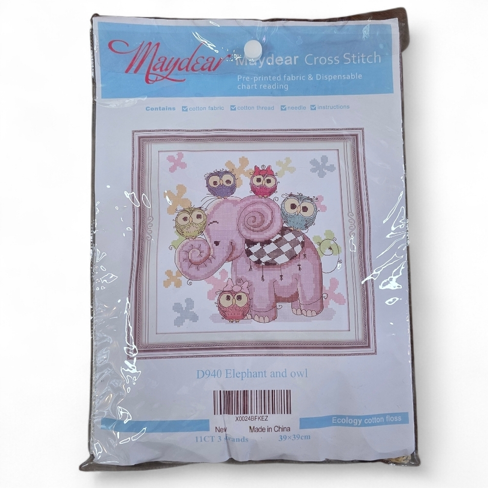 New Elephant Owl Cross Stitch Kit DIY Craft Pre-Printed Fabric Nursery Decor